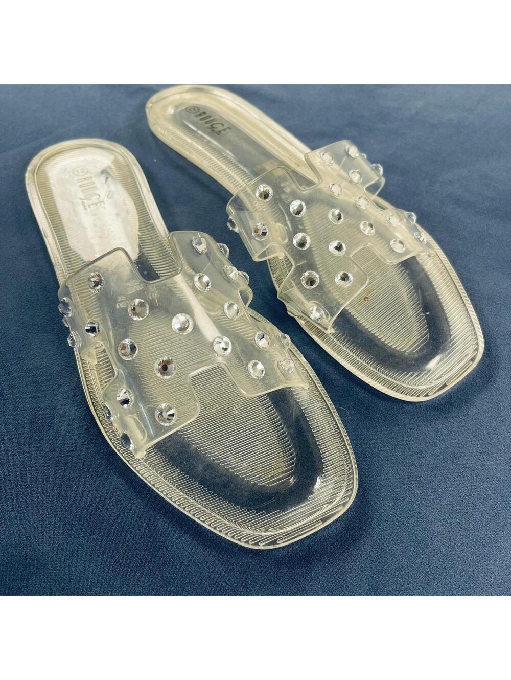 Women's Slide Sandal Size 12 Stone Accent Clear Jellies Flip Flop Summer Shoe